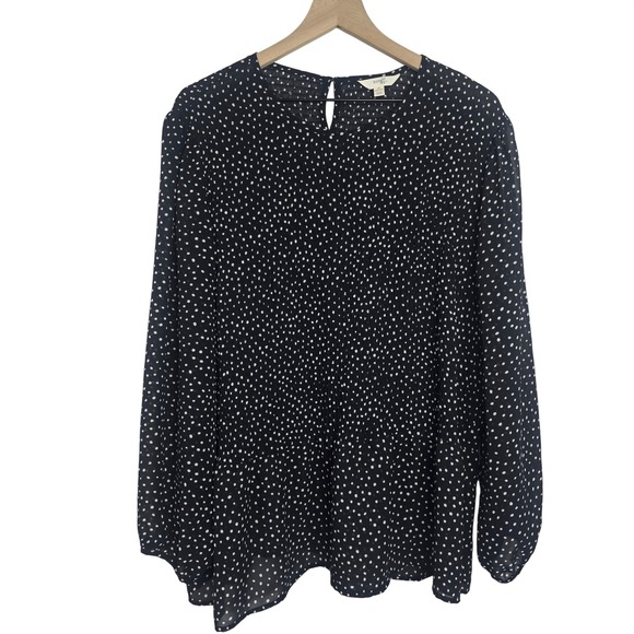 Terra & Sky Tops - Terra & Sky Smocked Polka Dot Blouse 1X Black White Sheer Chiffon Peplum Top